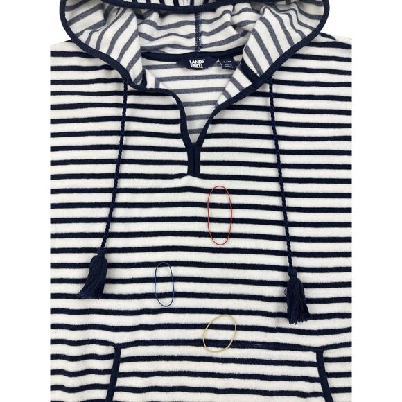 Lands End Hooded Terry Cloth Swimsuit Beach Cover-Up S/M Navy White Stripes - Picture 7 of 12